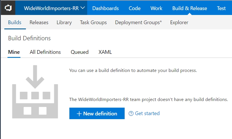 On the Build and Release page, on the Builds tab, a New definition button displays.
